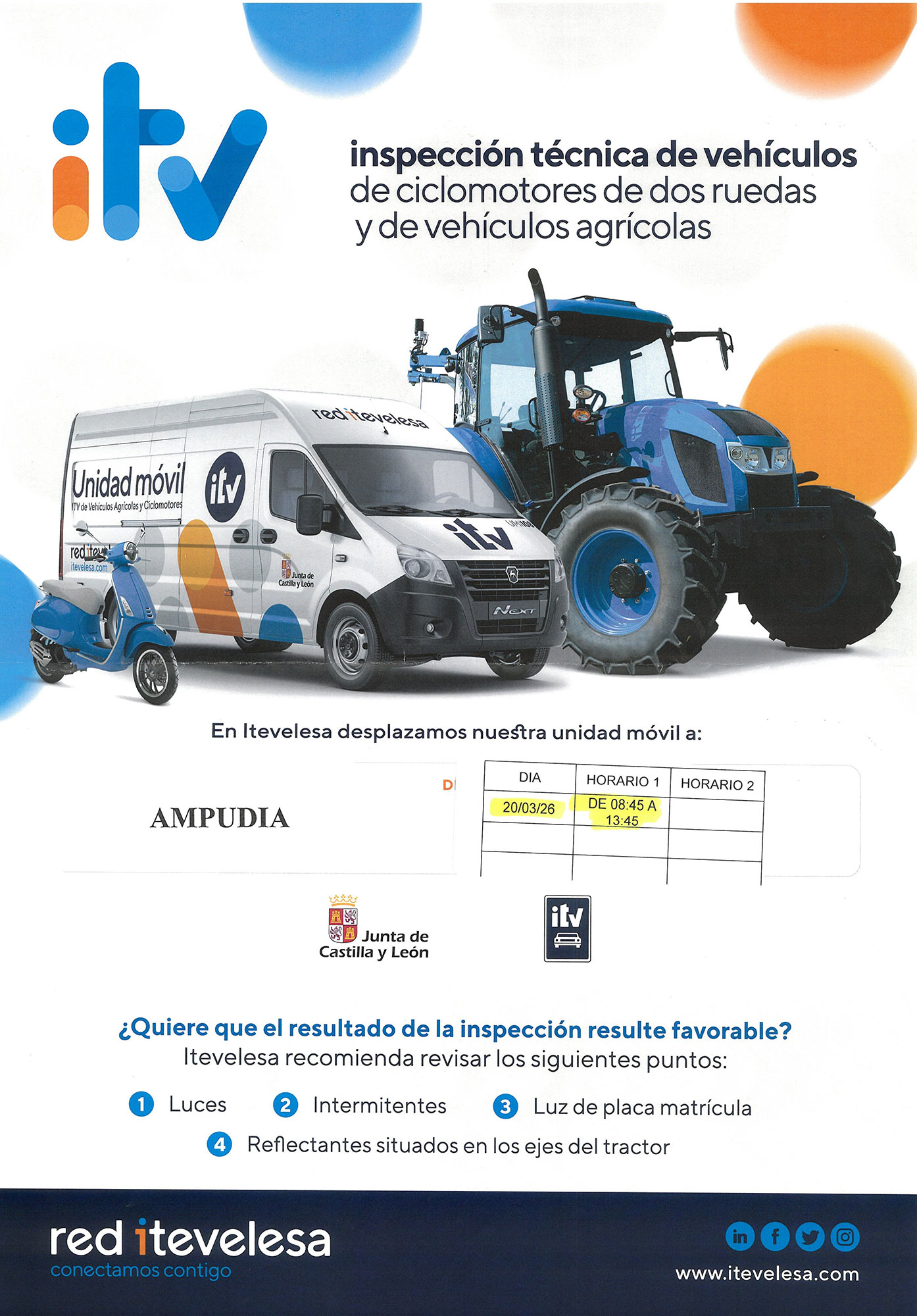 Inspección Técnica de Vehículos de ciclomotores de dos ruedas y de vehículos agrícolas en Ampudia