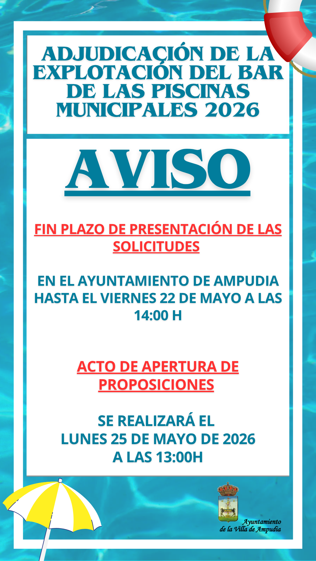 Aviso: Adjudicación de la explotación del bar de las piscinas municipales 2026
